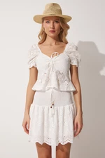Happiness İstanbul Women's White Scalloped Crop Miniskirt Set