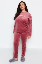 Trendyol Curve Světle růžová sametová pletená pyžama s kulatým výstřihem