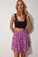 Happiness İstanbul Women's Purple Floral Ruffle Summer Viscose Mini Skirt