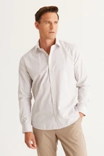 ALTINYILDIZ CLASSICS Men's White-Brown Slim Fit Slim Fit Button-down Collar Cotton Striped Shirt
