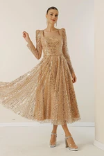 By Saygı Square Neck Long Sleeves Lined Sequins Beaded Dress