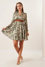 By Saygı Double-breasted Collar Leopard Pattern Lined Satin Dress with Belted Waist Khaki