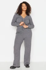 Trendyol Curve Gray V-Neck Tie Detailed Knitwear Blouse & Pants Set
