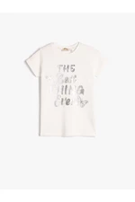 Koton T-Shirt with a Shiny Print Ribbed Short Sleeves Crew Neck Cotton