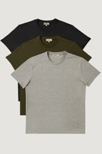 AC&Co / Altınyıldız Classics Men's Black-Khaki-Grey Melange Slim Fit Crew Neck 3 Pack of 100% Cotton T-Shirts.
