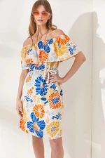 Olalook Women's Saxon Blue Madonna Collar Belted Viscose Dress