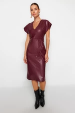 Trendyol Burgundy Faux Leather V Neck Midi Woven Woven Dress