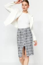 Trendyol Indigo Tweed Look Midi High Waist Skirt with a Slit