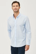 AC&Co / Altınyıldız Classics Men's Light Blue Tailored Slim Fit Oxford Button Collar Linen-Looking 100% Cotton Flared Shirt.