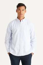 AC&Co / Altınyıldız Classics Men's White-Blue Comfort Fit Comfy Cut Buttoned Collar Cotton Check Shirt.