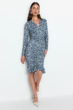 Trendyol Blue Printed and Pleated Sleeveless V-Neck Long Sleeve Mini Stretch Knit Dress