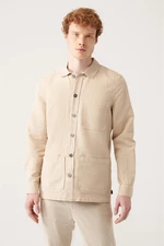 Avva Men's Beige Straight Three Pocket Linen Jacket Shirt