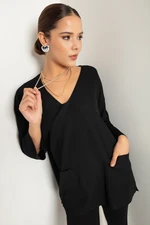 Lafaba Women's Black V-Neck Pocket Knitwear Sweater