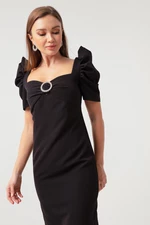 Lafaba Women's Black Stony Buckle Balloon Sleeve Dress