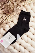 Women's cotton socks with teddy bear appliqué, black