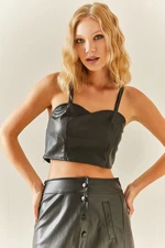 XHAN Black Sweetheart Collar Leather Crop Top