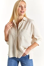 armonika Women's Light Beige Loose Linen Shirt with Pockets