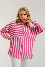 armonika Women's Fuchsia Asymmetrical Striped Overszie Long Basic Shirt
