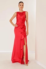 By Saygı Ruffles Lined Long Satin Dress Red With Draping