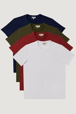 AC&Co / Altınyıldız Classics Men's Khaki-burgundy-navy-white Slim Fit Narrow Cut Crew Neck 100% Cotton 4-Piece T-Shirt Pack