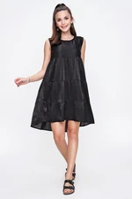By Saygı Women's Black Ruffled Trim Cotton Satin Sleeveless Dress