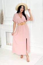 Long dress with decorative belt powder pink