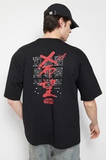 Trendyol Black Oversize Short Sleeve Far East Embroidered/Back Printed T-shirt