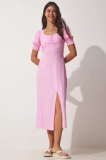 Happiness İstanbul Women's Pink Pleated Sweetheart Viscose Summer Dress