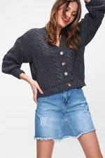 Trend Alaçatı Stili Women's Anthracite V-Neck Buttons Knitwear Cardigan