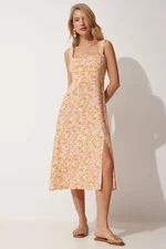 Happiness İstanbul Women's Yellow Orange Square Collar Floral Summer Viscose Dress Happiness İstanbul Women's Yellow Orange Square Collar Floral Summer Viscose Dress