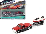 1987 Chevrolet 1500 Pickup Truck Candy Red and Black and Bass Boat with Trailer Red and Black "Tow &amp; Go" Series 1/64 Diecast Model Car by Maisto