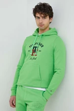Bavlněná mikina Tommy Hilfiger pánská, zelená barva, s kapucí, s aplikací