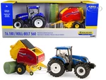 New Holland T6.180 Tractor Blue with New Holland Roll-Belt 560 Baler Red and 3 Bales Set of 3 pieces 1/32 Diecast Models by ERTL TOMY