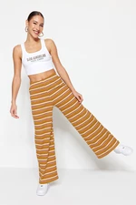 Trendyol žltý pruhovaný široký nohavice/ležérny strih vysoký pás manšestrové elastické pletené nohavice