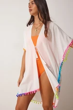 Happiness İstanbul Women's White Chiffon Kimono with Pompoms