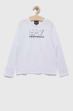 Dětské bavlněné tričko s dlouhým rukávem EA7 Emporio Armani bílá barva, s potiskem