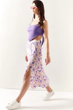 Olalook Women's Lilac Powder Slit Patterned Midi Skirt