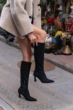 Madamra Black Matte Women's Thin Heel Above Knee Boots