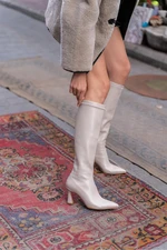 Madamra Beige Women's Thin Heels Above the Knee Boots