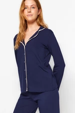 Trendyol Navy Blue Cotton Shirt-Pants with Pile Detailed Knitted Pajamas Set