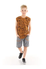 Mushi Comics Boys Mustard Sleeveless T-shirt Gray Shorts Set