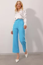 Trend Alaçatı Stili Women's Turquoise Blue Stitching at the Front Woven Collar Trousers