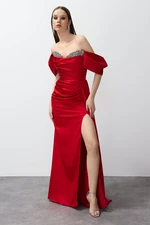 Trendyol Red Low Sleeve Stone Accessory Detailed Long Woven Elegant Evening Dress