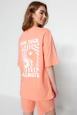 Trendyol Peach Unisex 100% Cotton Motto Printed T-shirt-Shorts Knitted Pajamas Set