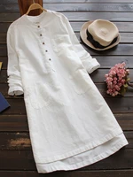 Women Vintage Long Sleeve Buttons Cotton Mini Shirt Dresses