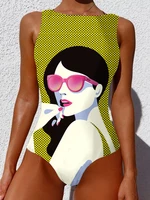 Women Cool Girl Figure Pattern Sleeveless High Neck One Piece Hawaii Swimwear