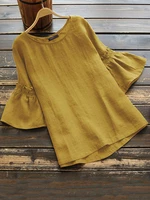 Women Vintage Solid Cotton High Low Hem Casual Loose Pleated Blouse