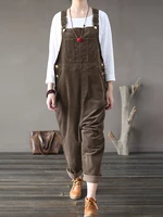 Corduroy Sleeveless Loose Button Causal Side Pocket Jumpsuit For Women