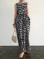 Sleeveless Pocket Leopard Print Round Neck Maxi Dress