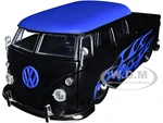 1963 Volkswagen Bus Pickup Truck Matt Black with Matt Blue Top and Flames Graphics "Punch Buggy" Series 1/24 Diecast Model Car by Jada